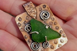 Pacific Coast sea glass pendant with copper and Sterling