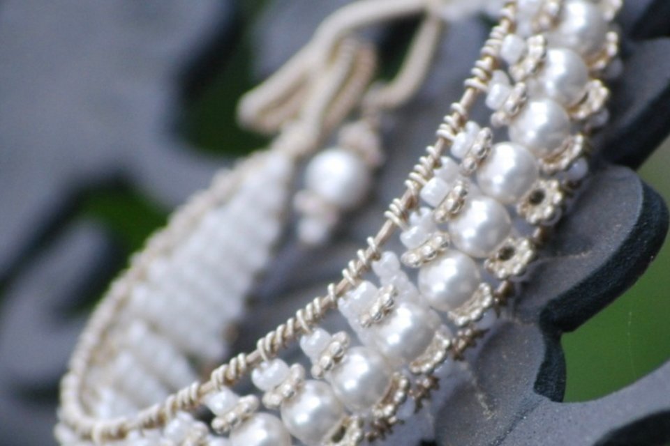 White pearl wire wrapped cuff bracelet