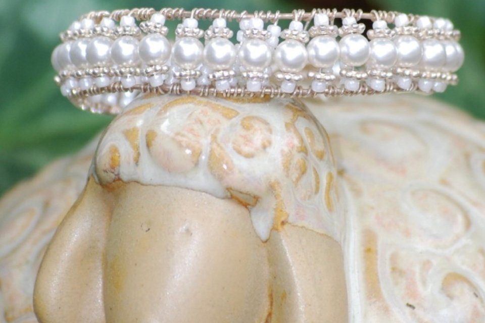 White pearl wire wrapped cuff bracelet