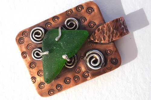 Pacific Coast sea glass pendant with copper and Sterling